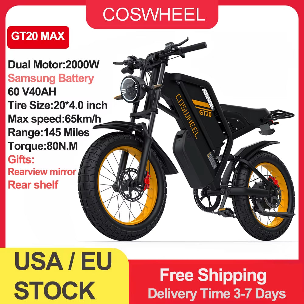 Electric Bike for Adult 2000W 60V Off-Road Motorcycle Mountain Bikes 20Inch Electric Bike Fatbike Motorcycles Ebike